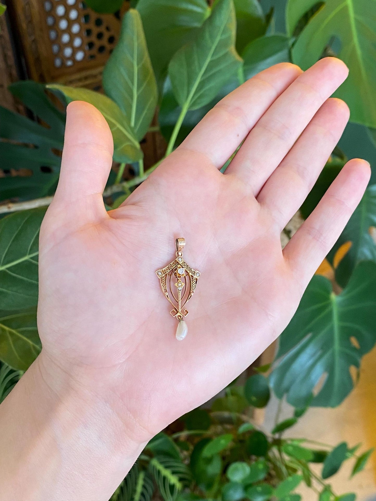 Vintage Solid 10k Yellow Gold Diamond & Pearl Drop Charm