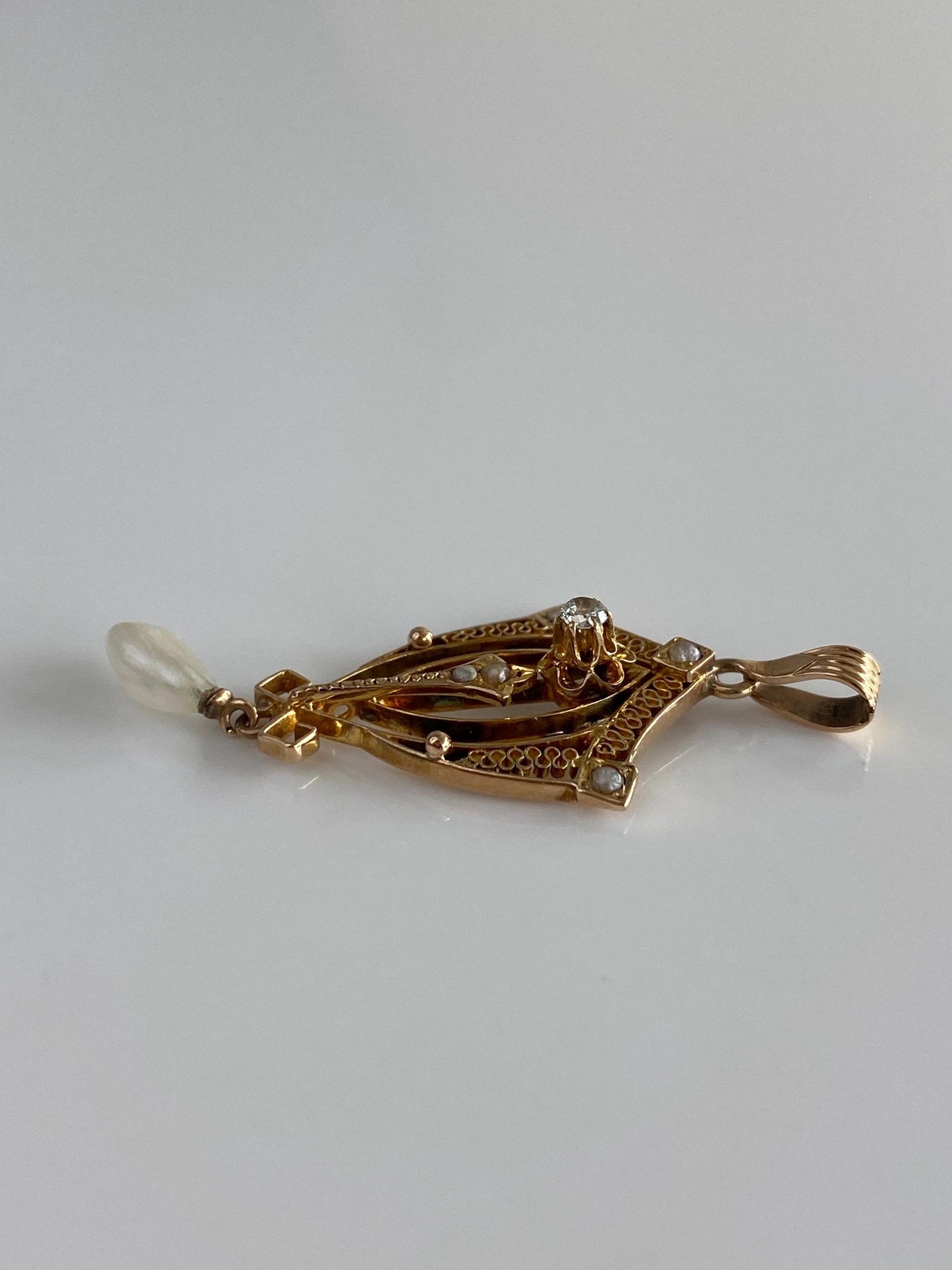 Vintage Solid 10k Yellow Gold Diamond & Pearl Drop Charm
