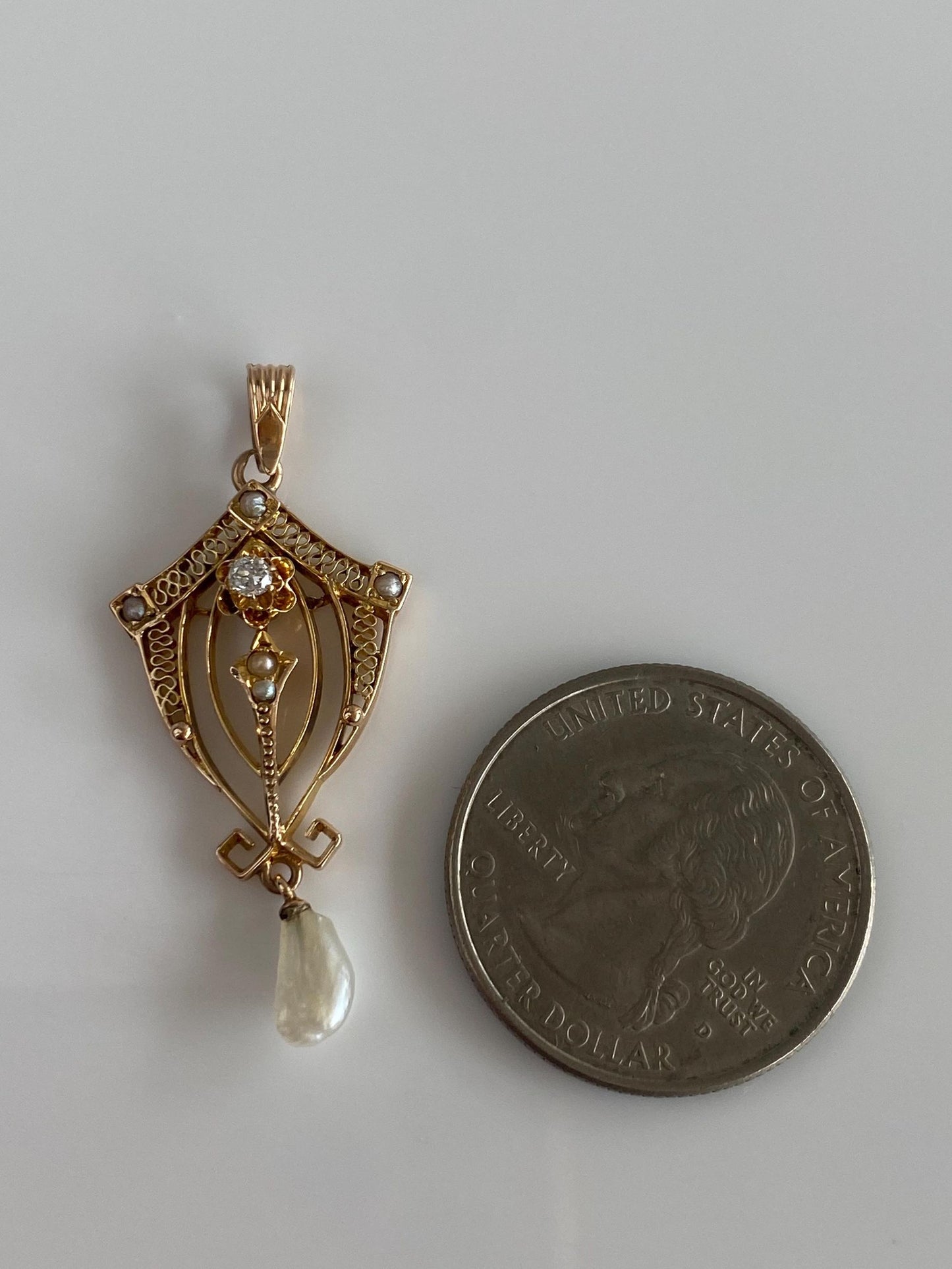 Vintage Solid 10k Yellow Gold Diamond & Pearl Drop Charm
