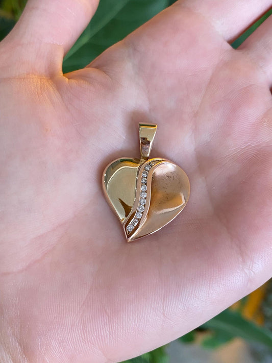 Vintage Solid 14k Yellow & Rose Gold Diamond Heart Charm