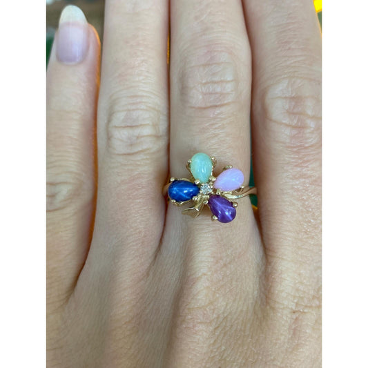 Vintage Solid 10k Yellow Gold Diamond Blue, Green & Pink Star Sapphire Clover Ring - Size 5.75