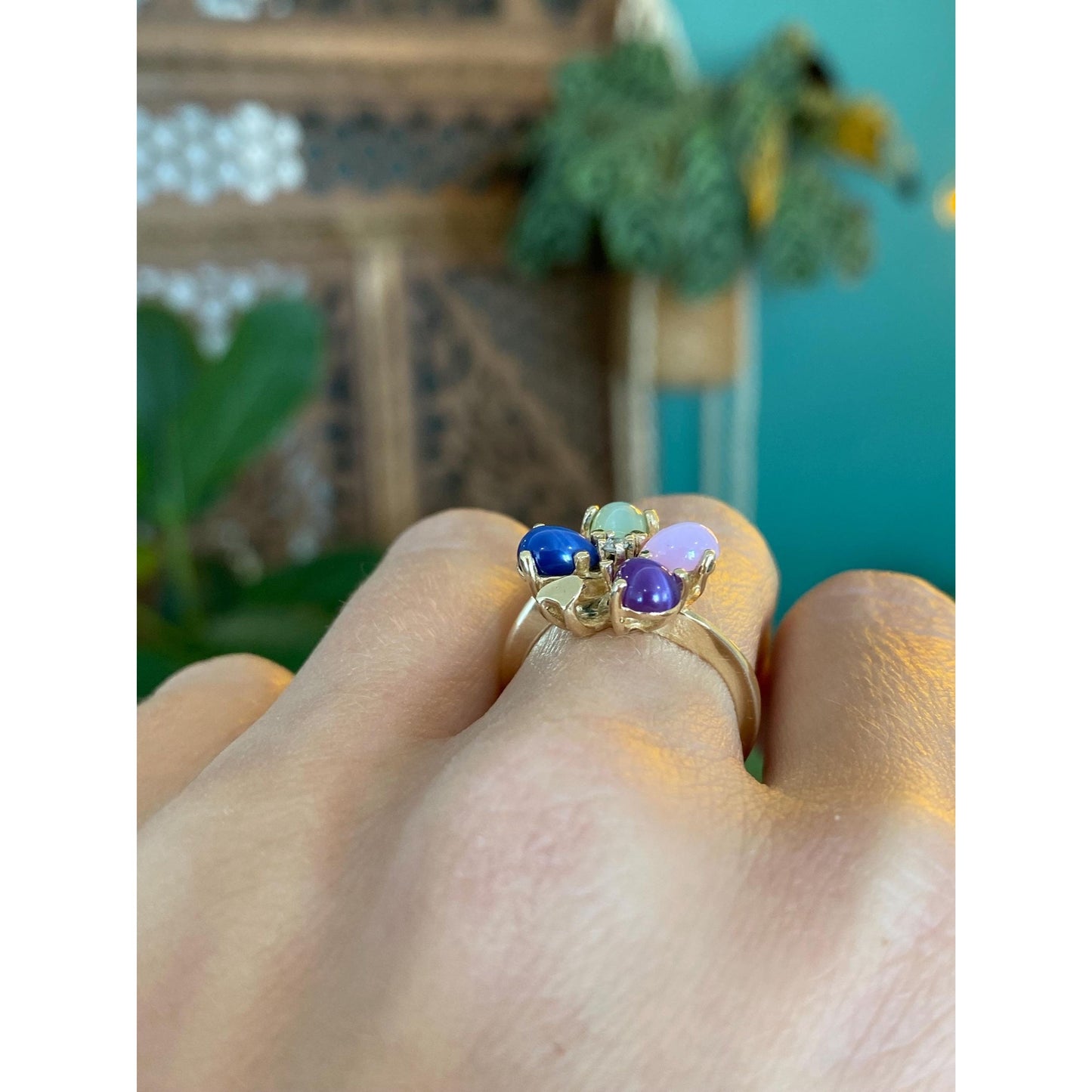 Vintage Solid 10k Yellow Gold Diamond Blue, Green & Pink Star Sapphire Clover Ring - Size 5.75