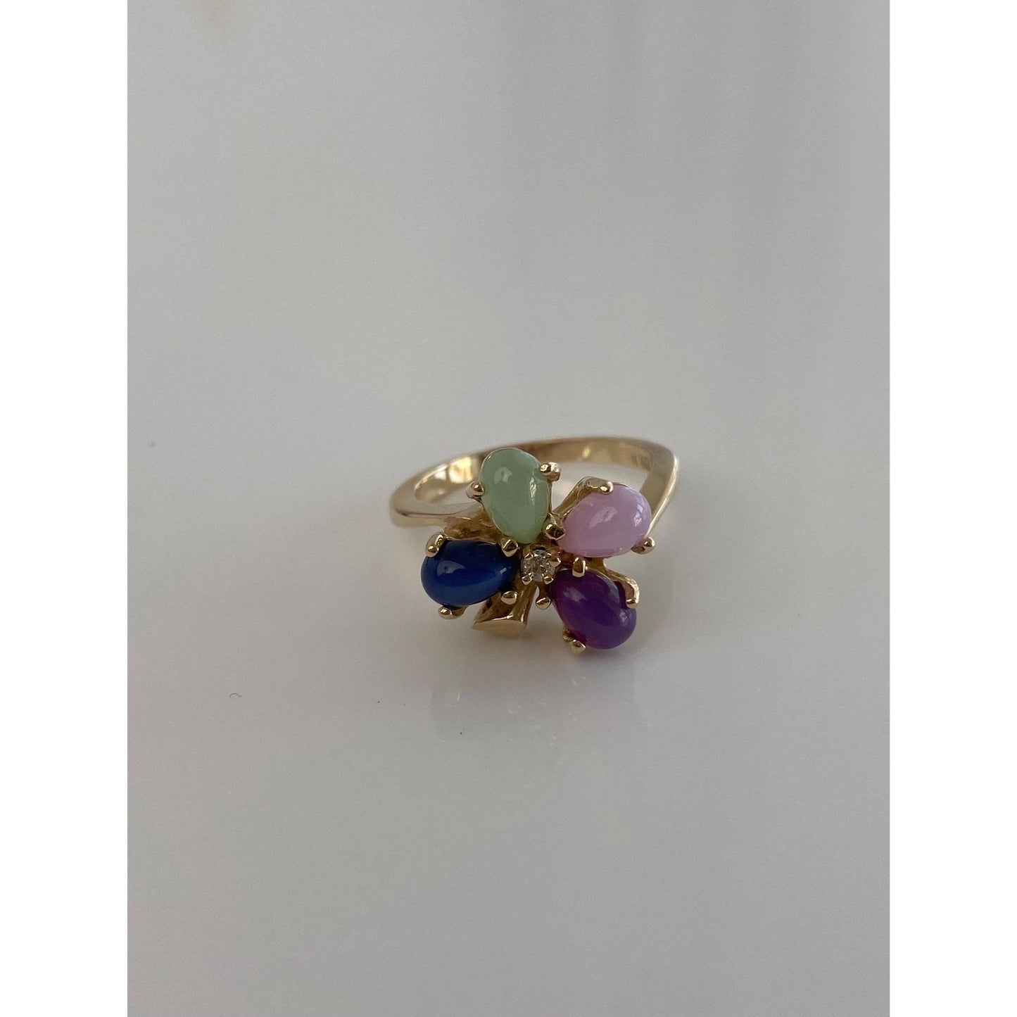 Vintage Solid 10k Yellow Gold Diamond Blue, Green & Pink Star Sapphire Clover Ring - Size 5.75
