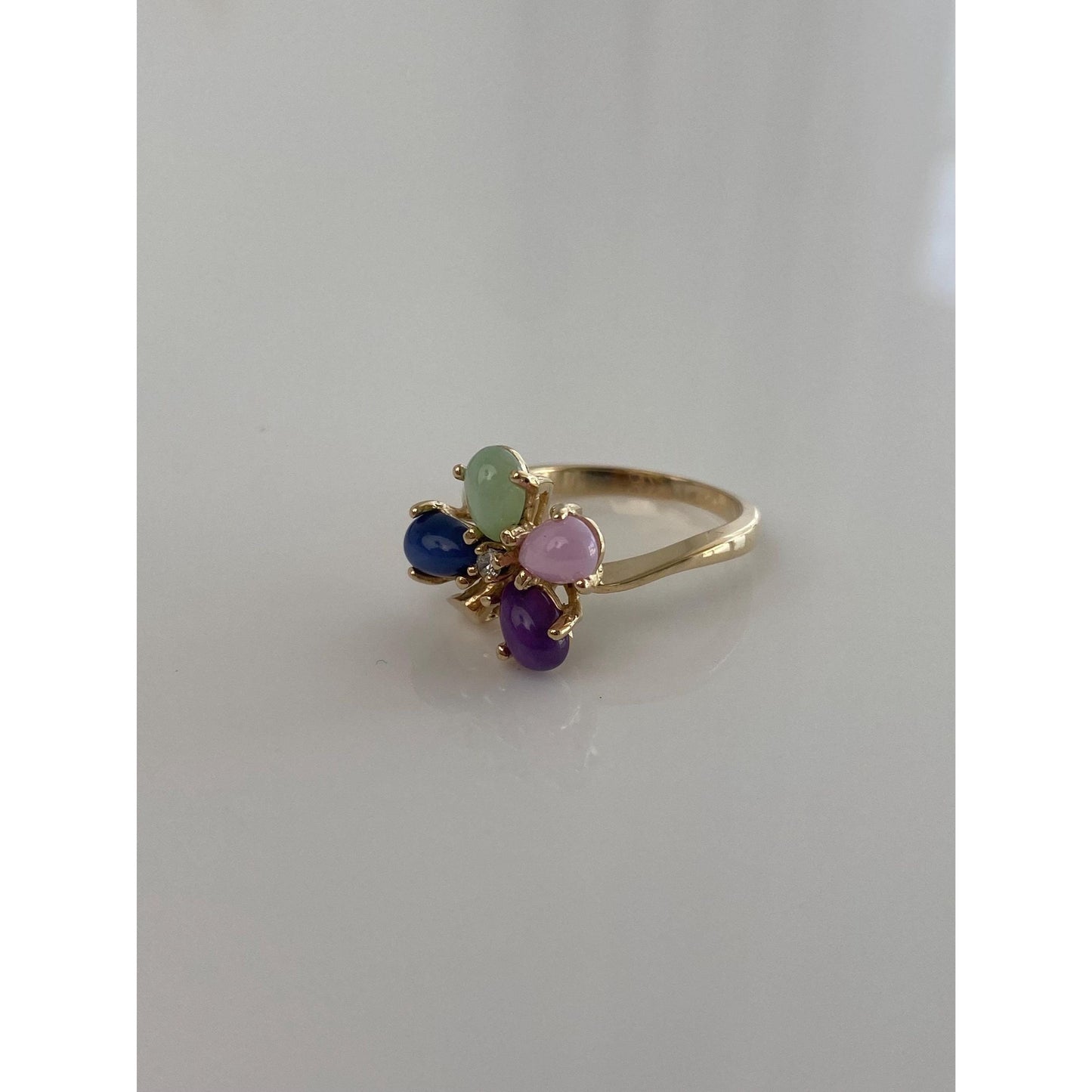Vintage Solid 10k Yellow Gold Diamond Blue, Green & Pink Star Sapphire Clover Ring - Size 5.75