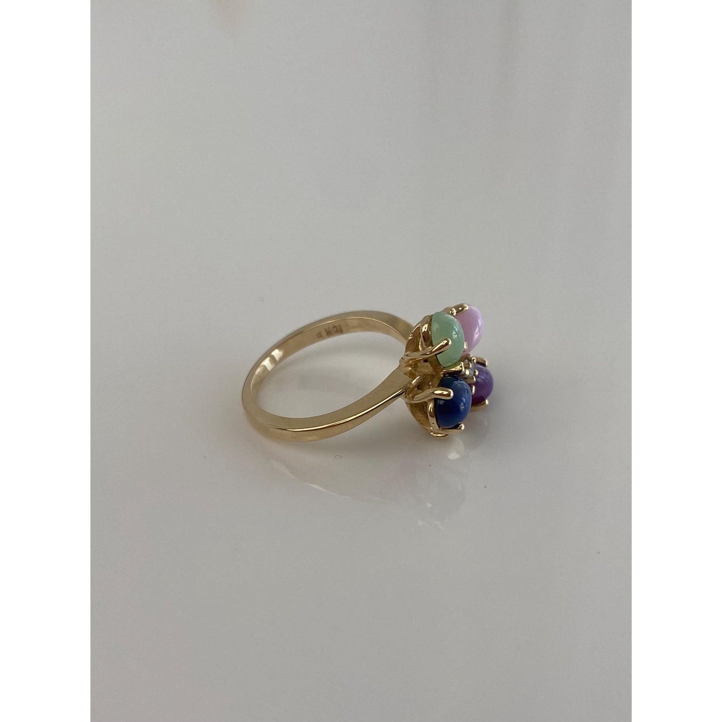 Vintage Solid 10k Yellow Gold Diamond Blue, Green & Pink Star Sapphire Clover Ring - Size 5.75