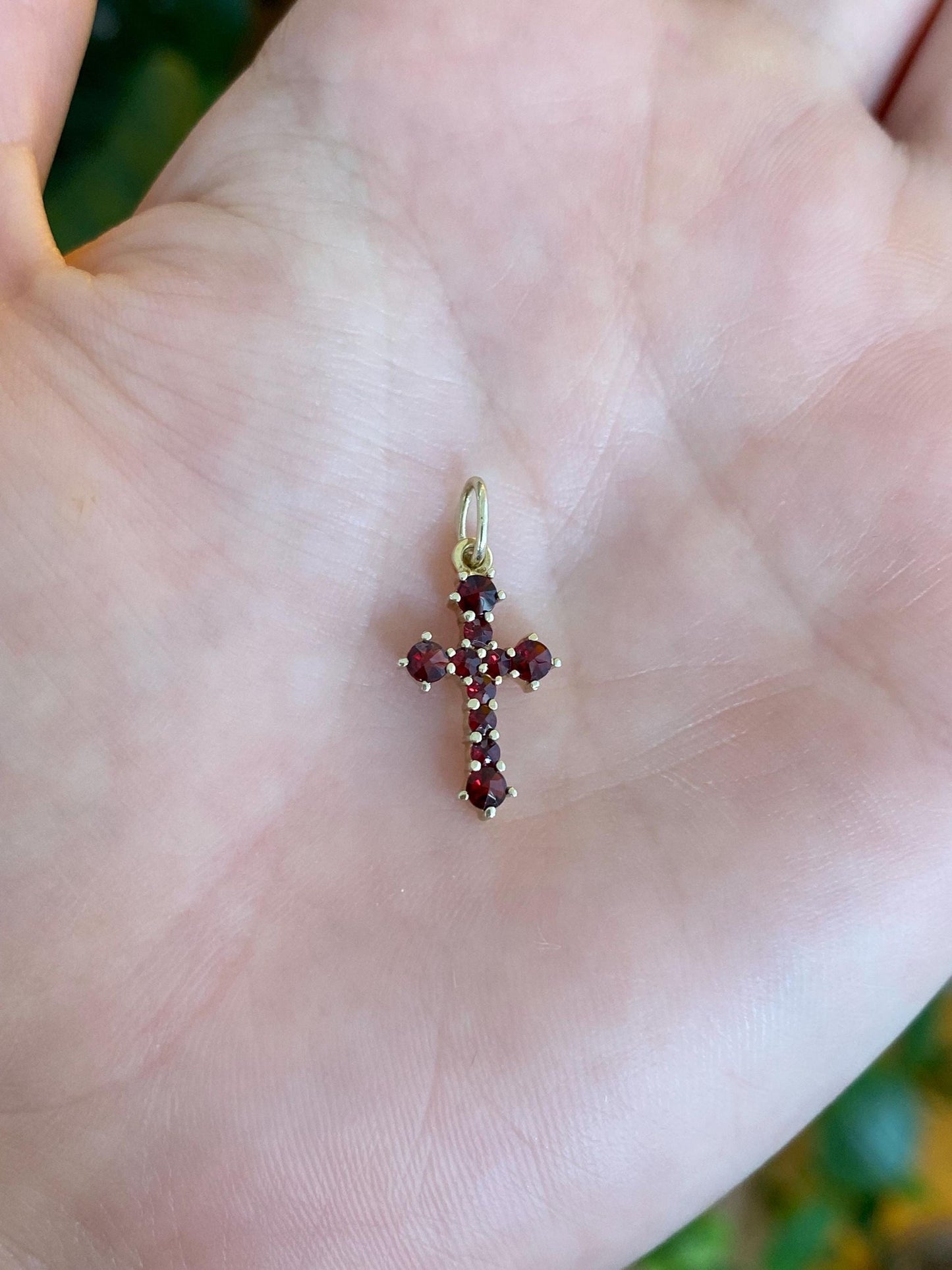 Vintage Solid 14k Yellow Gold Red Cubic Zirconia Cross Charm