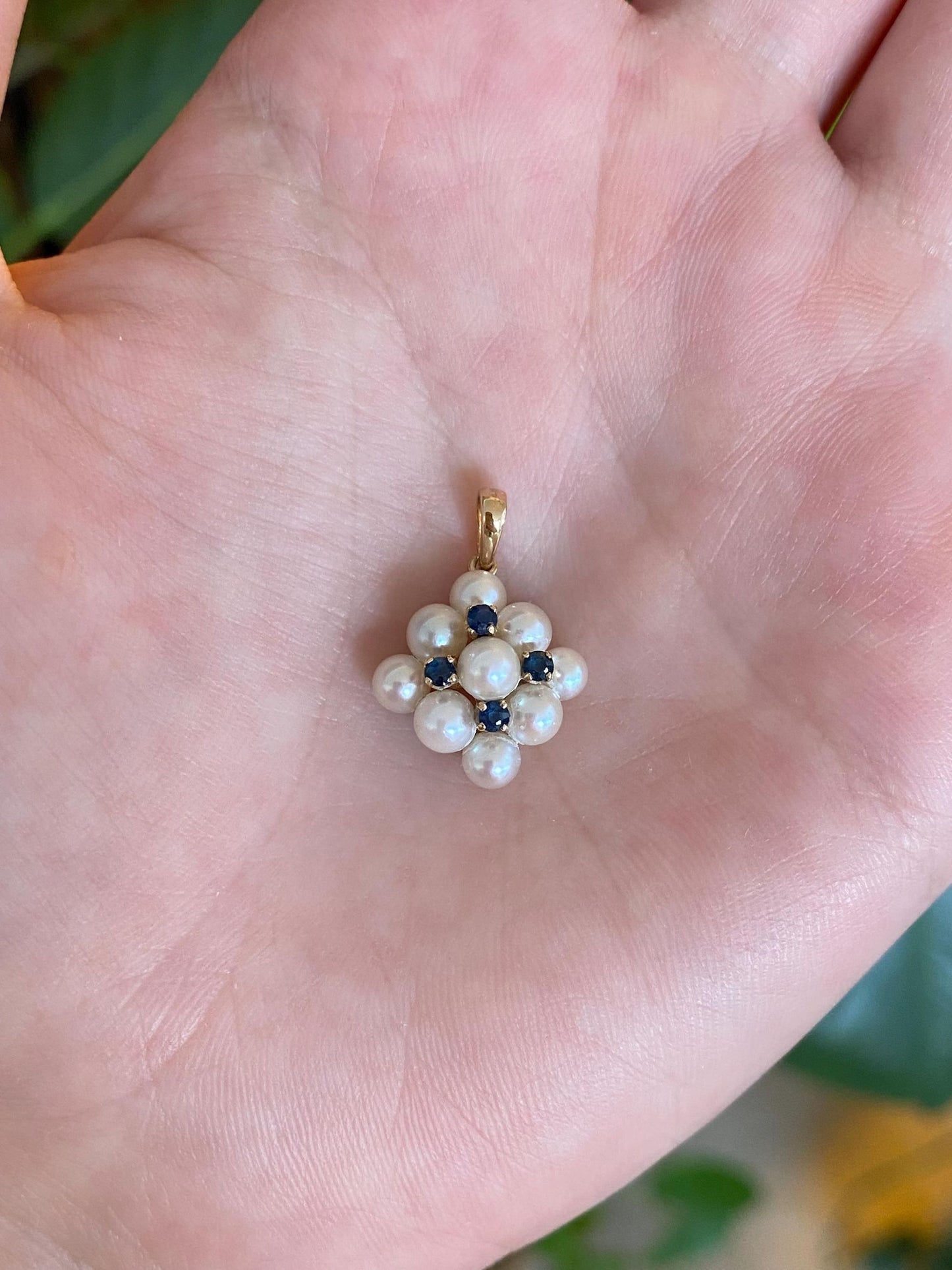 Vintage Solid 14k Yellow Gold Blue Spinel Pearls Charm