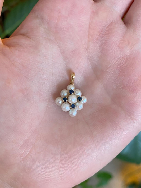 Vintage Solid 14k Yellow Gold Blue Spinel Pearls Charm