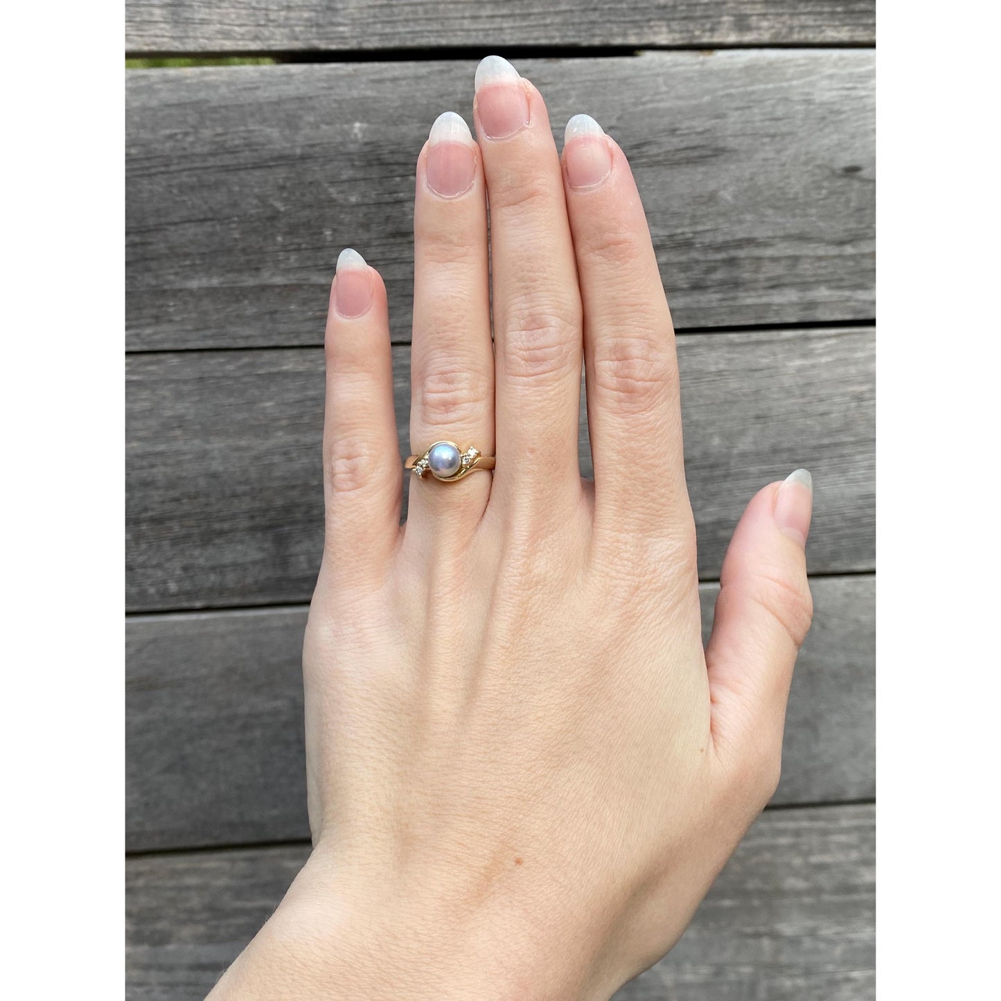 Vintage Solid 14k Yellow Gold Blue Pearl Diamond Ring - Size 4