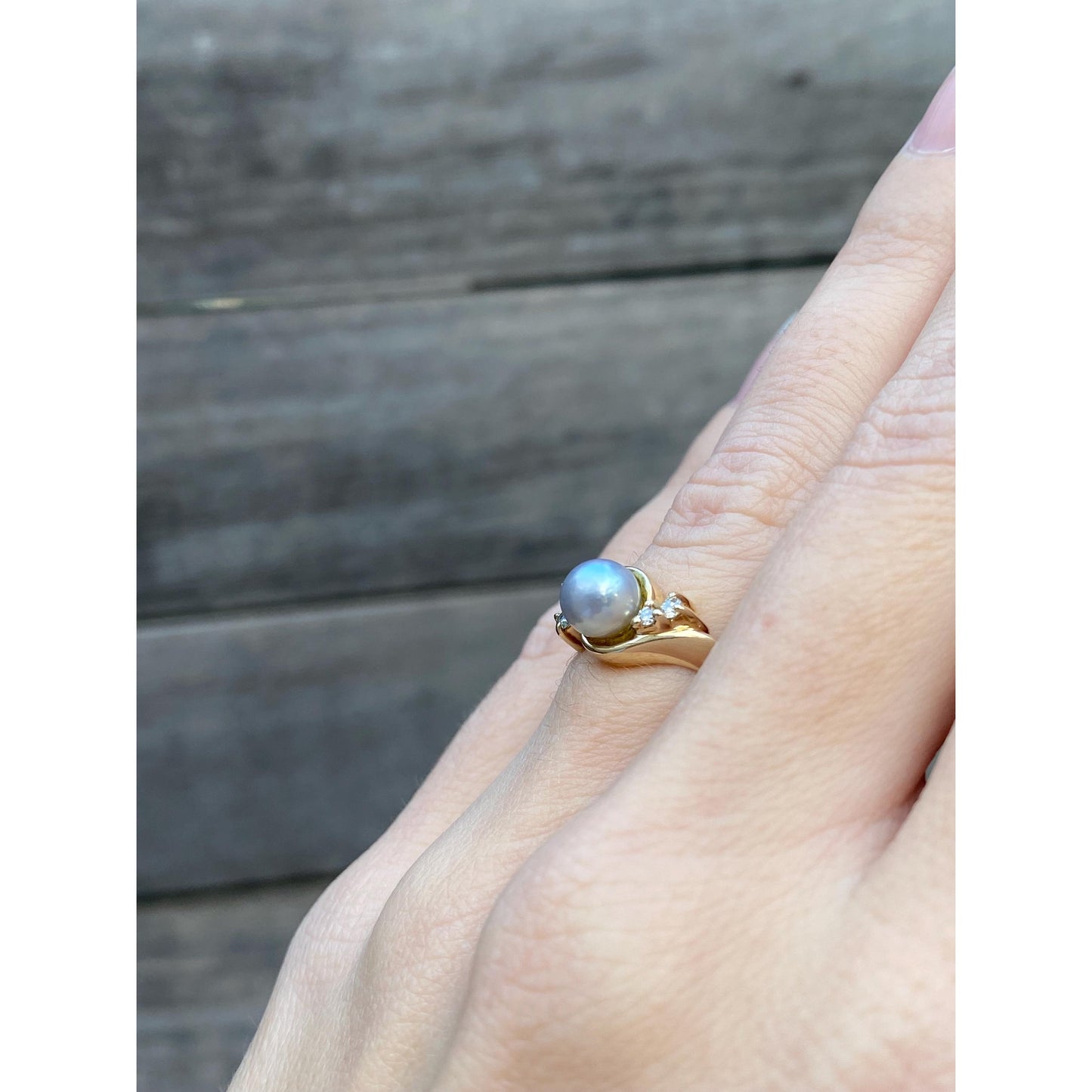 Vintage Solid 14k Yellow Gold Blue Pearl Diamond Ring - Size 4