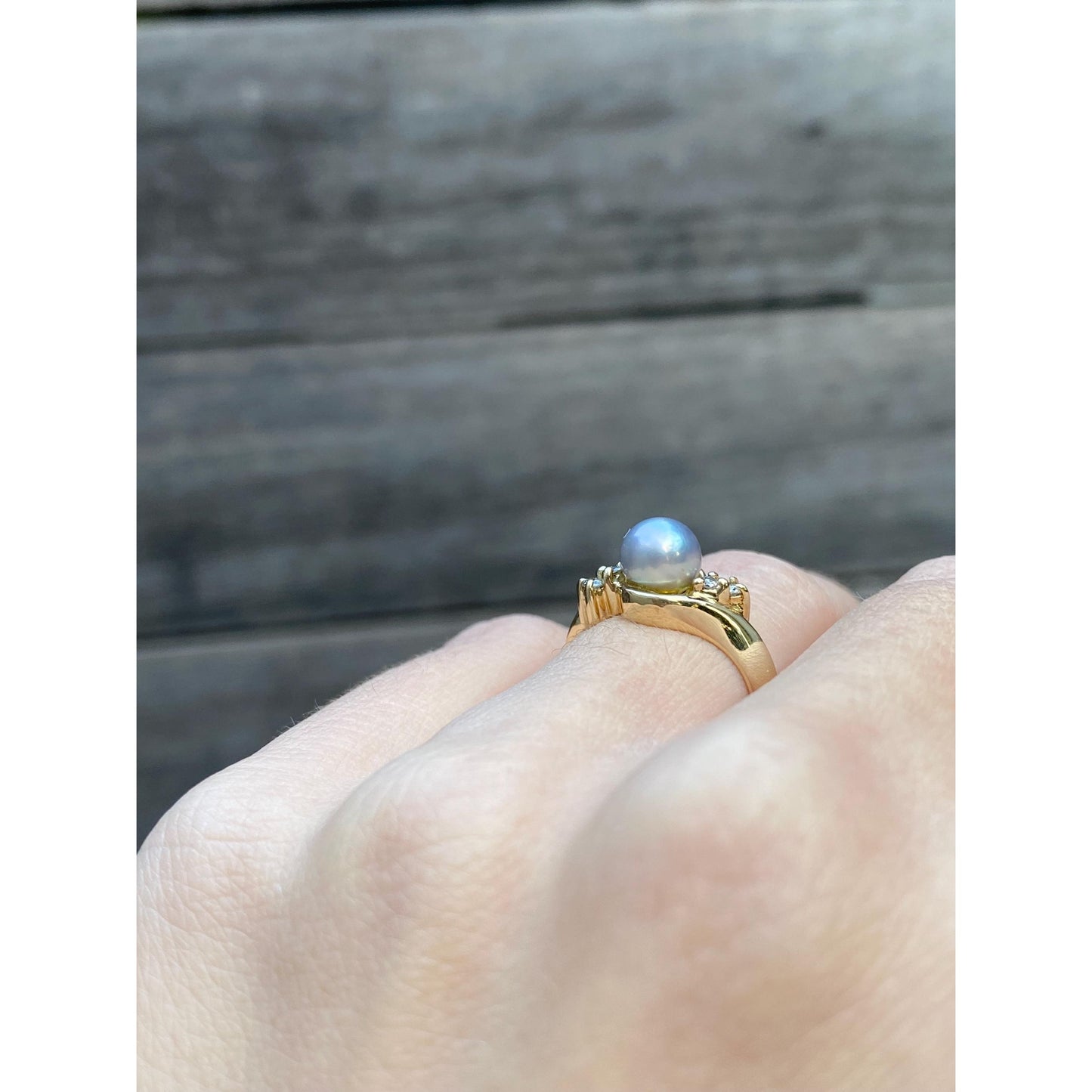 Vintage Solid 14k Yellow Gold Blue Pearl Diamond Ring - Size 4