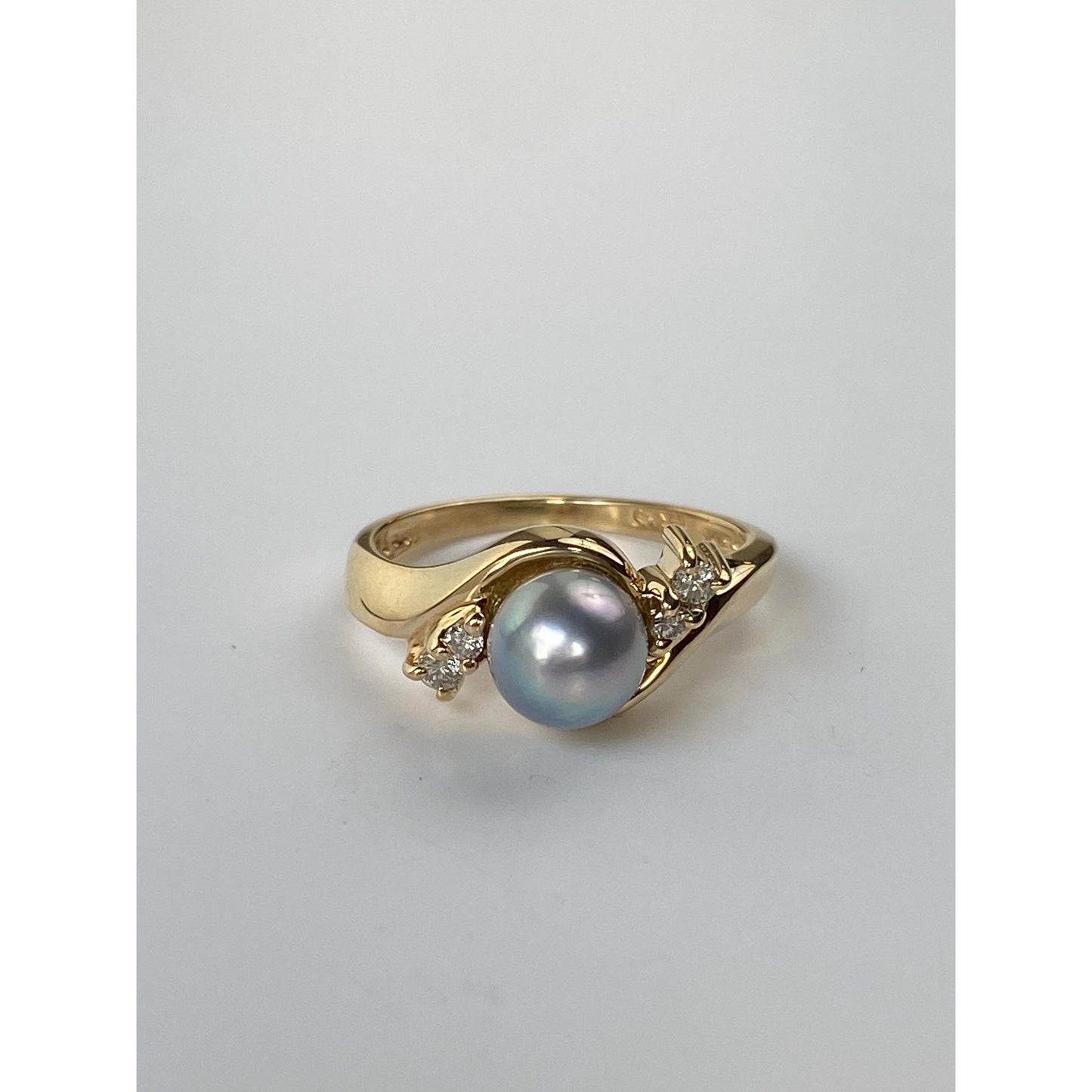 Vintage Solid 14k Yellow Gold Blue Pearl Diamond Ring - Size 4