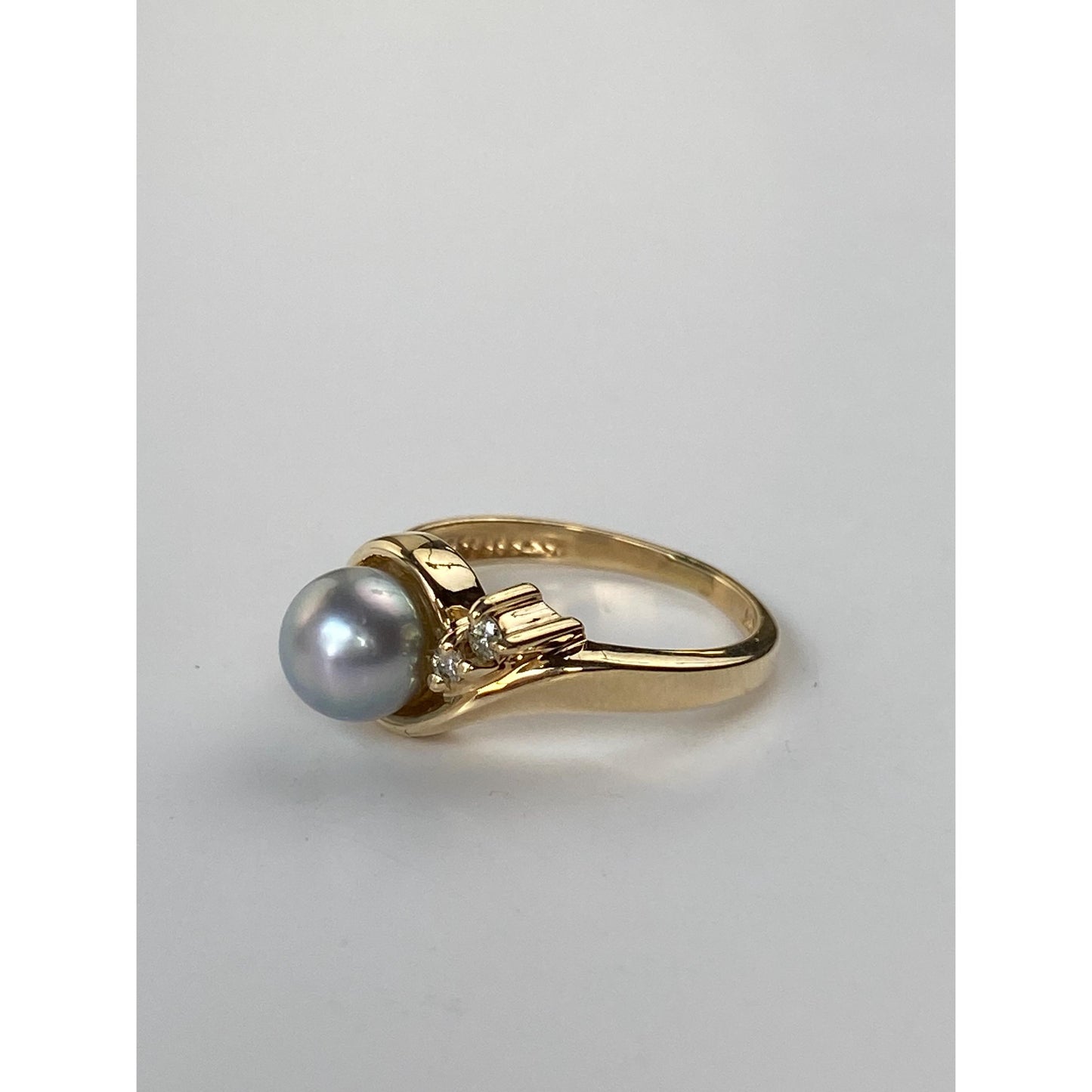 Vintage Solid 14k Yellow Gold Blue Pearl Diamond Ring - Size 4