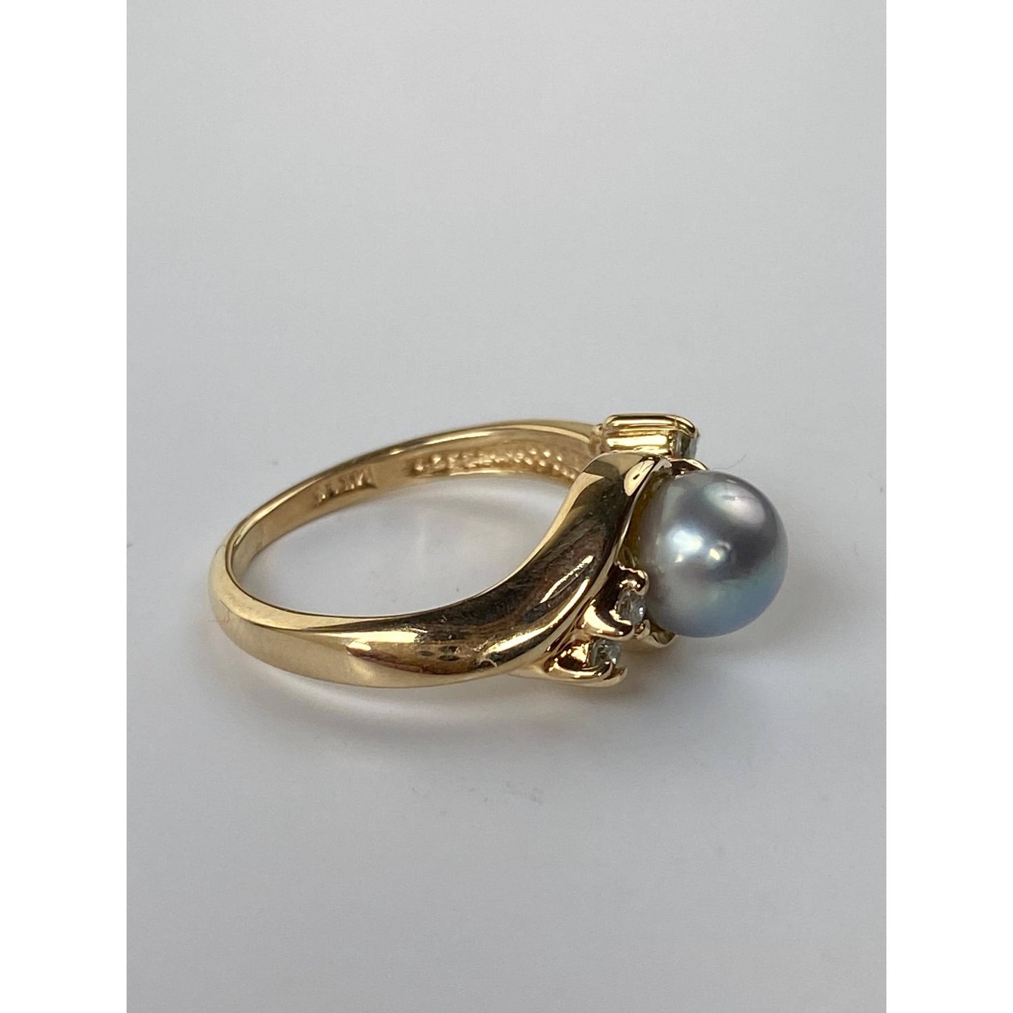 Vintage Solid 14k Yellow Gold Blue Pearl Diamond Ring - Size 4