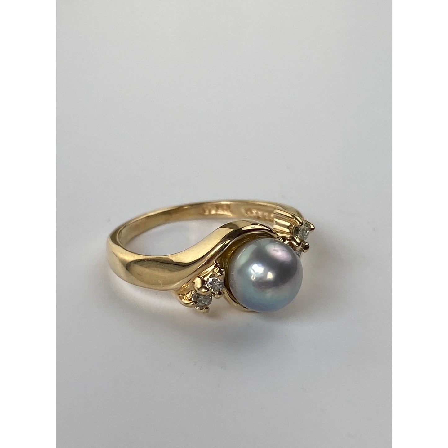 Vintage Solid 14k Yellow Gold Blue Pearl Diamond Ring - Size 4