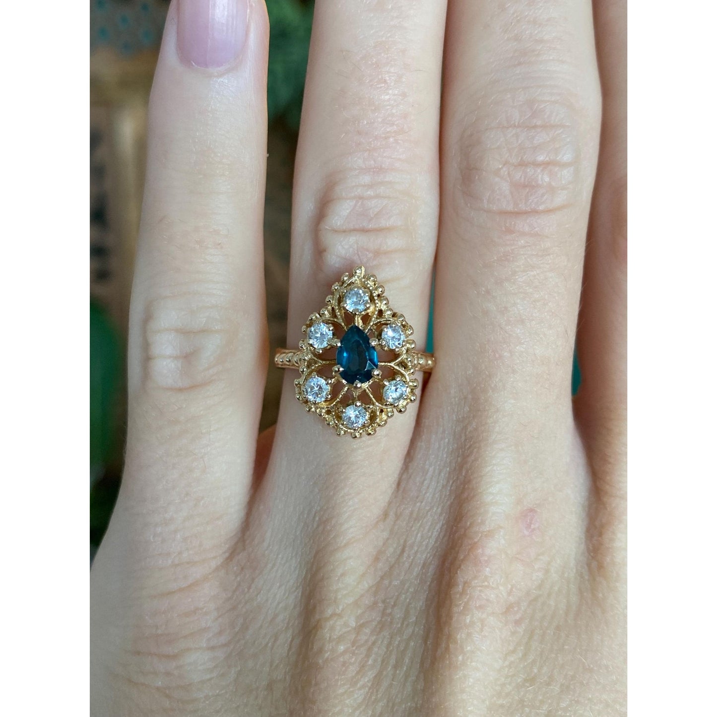 Vintage Solid 14k Yellow Gold Blue Spinel Clear Quartz Halo Teardrop Ring - Size 5.25