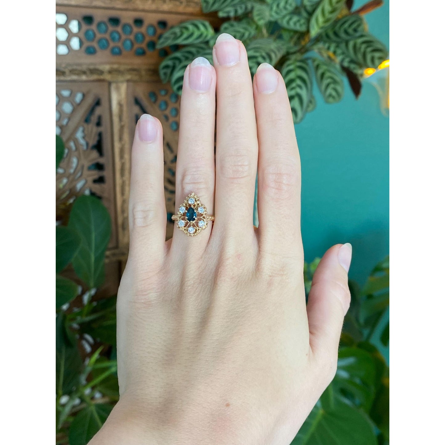 Vintage Solid 14k Yellow Gold Blue Spinel Clear Quartz Halo Teardrop Ring - Size 5.25