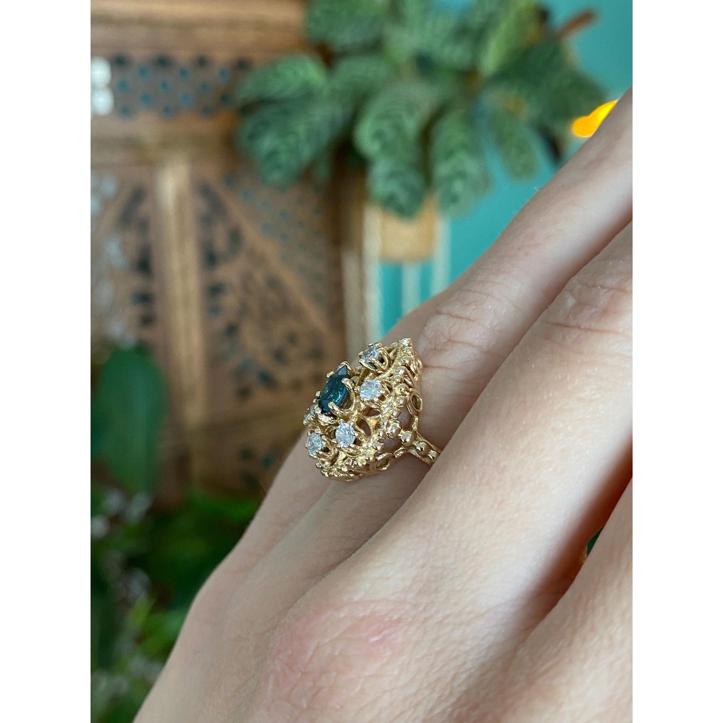 Vintage Solid 14k Yellow Gold Blue Spinel Clear Quartz Halo Teardrop Ring - Size 5.25