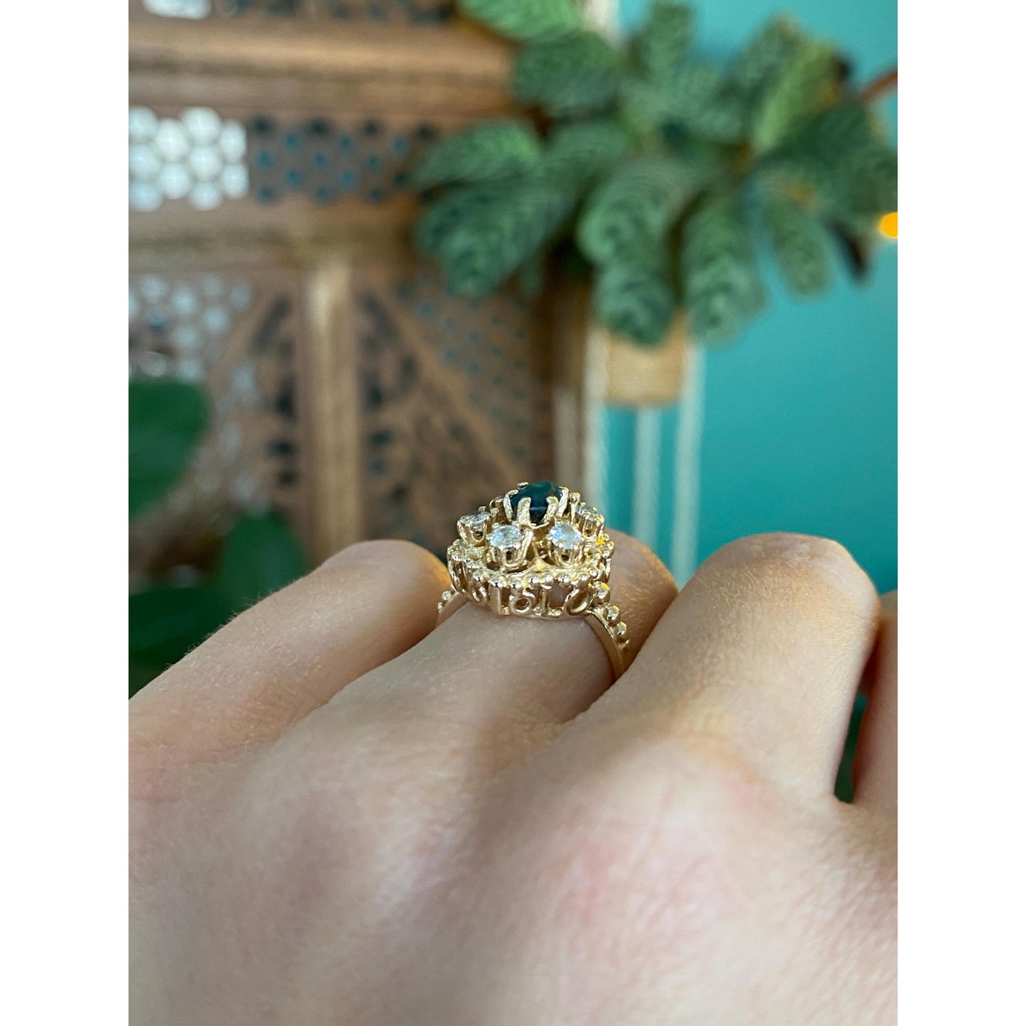 Vintage Solid 14k Yellow Gold Blue Spinel Clear Quartz Halo Teardrop Ring - Size 5.25