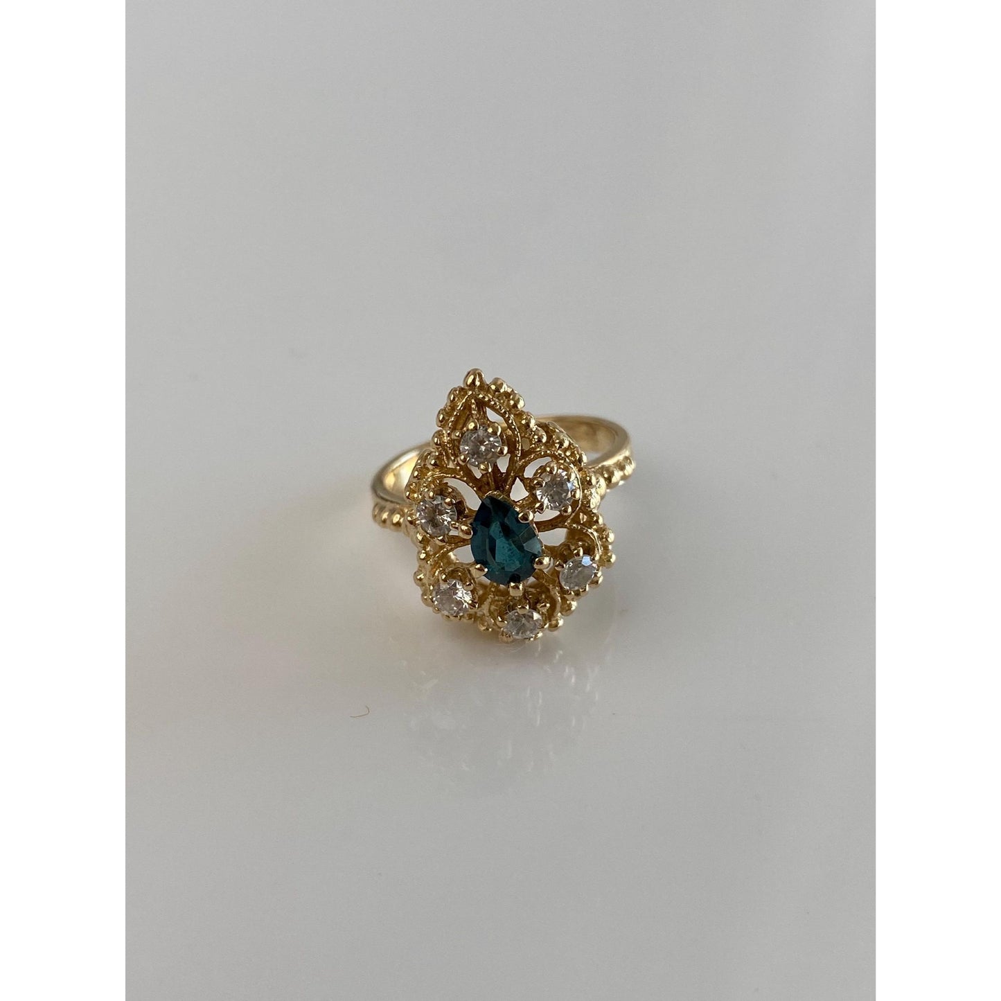 Vintage Solid 14k Yellow Gold Blue Spinel Clear Quartz Halo Teardrop Ring - Size 5.25