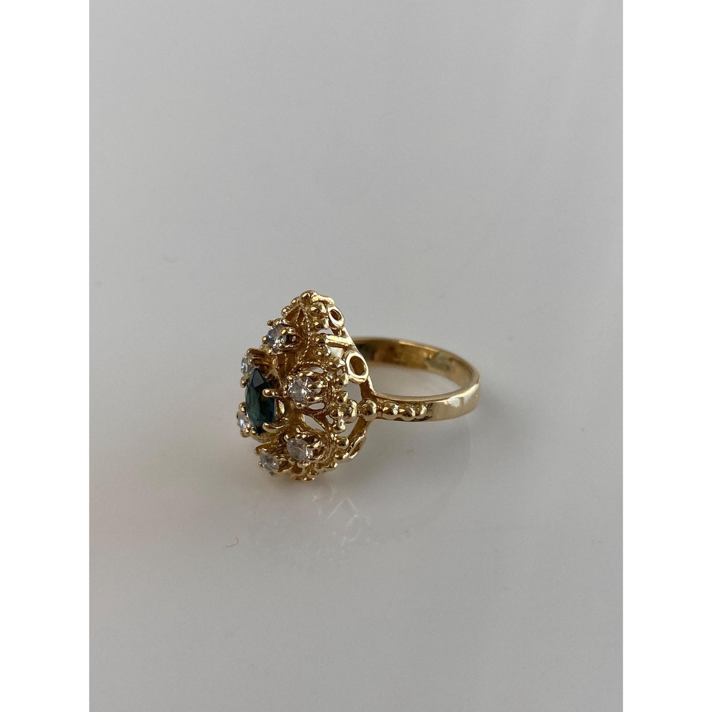 Vintage Solid 14k Yellow Gold Blue Spinel Clear Quartz Halo Teardrop Ring - Size 5.25