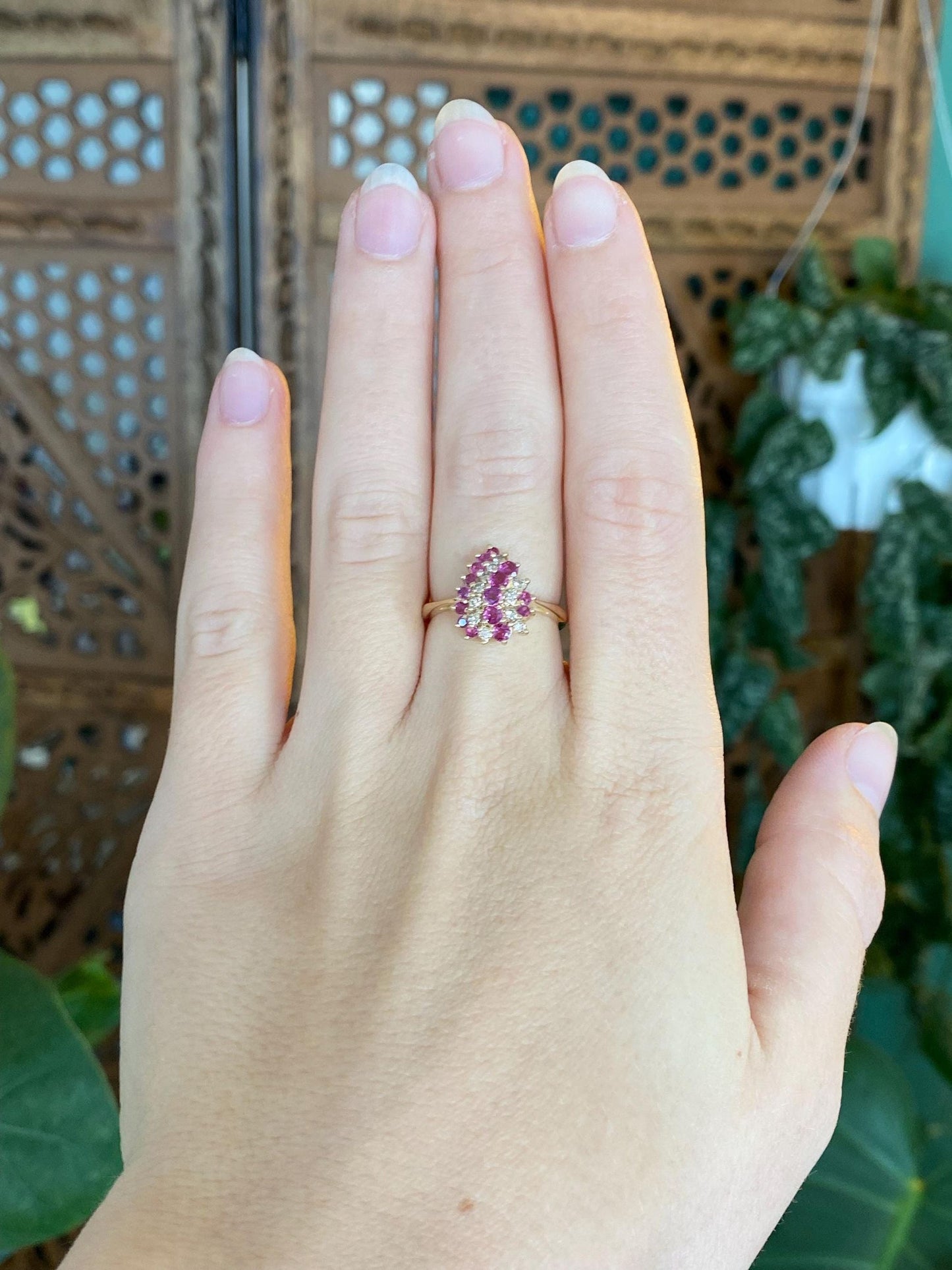 Vintage Solid 14k Yellow Gold Pink Sapphire Diamond Ring - Size 6.25