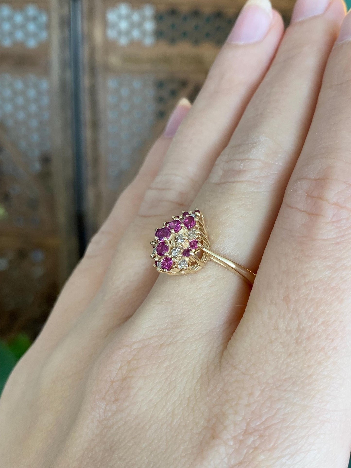 Vintage Solid 14k Yellow Gold Pink Sapphire Diamond Ring - Size 6.25