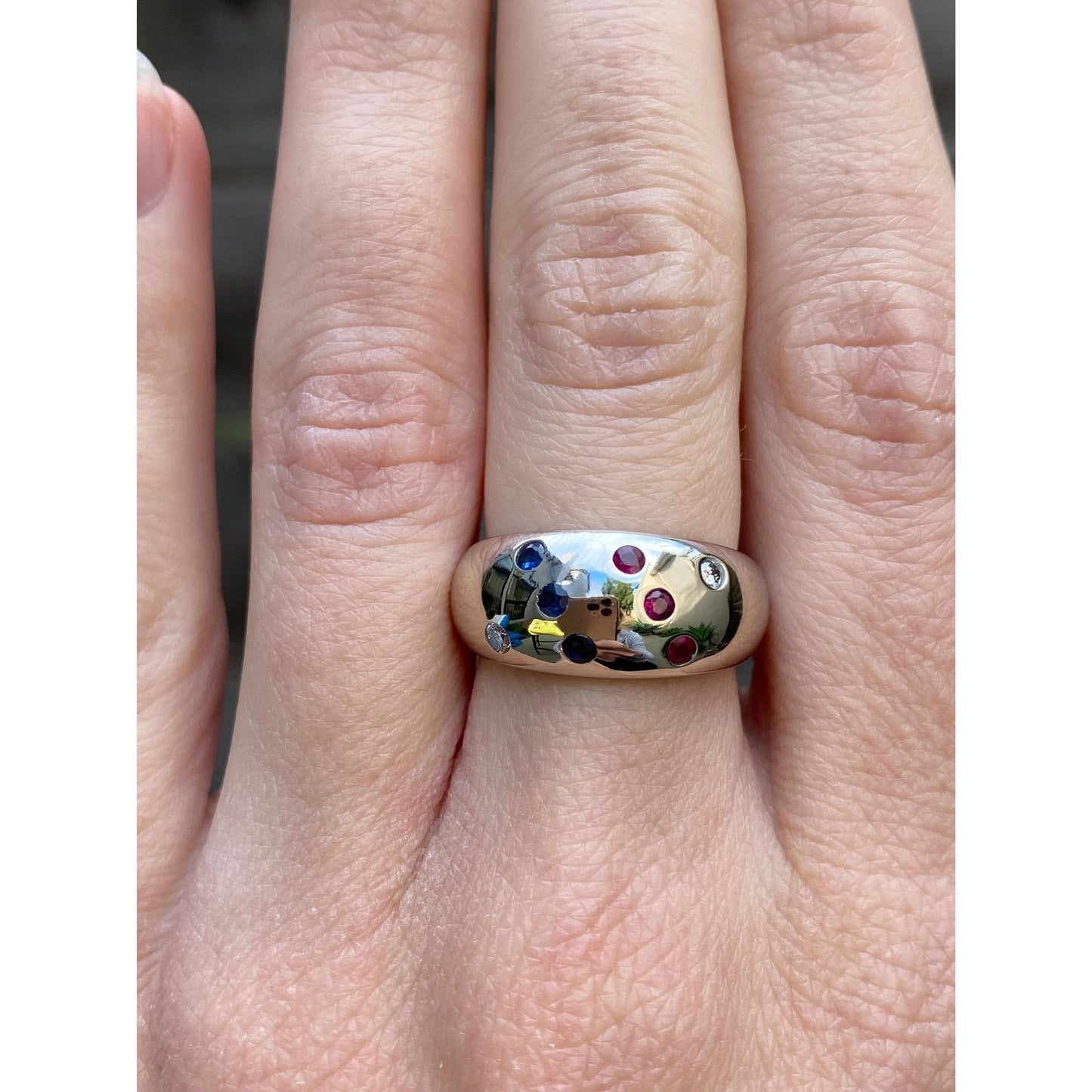 Vintage Solid 10k White Gold Diamond Ruby Sapphire Dotted Ring Band - Size 5.75-6