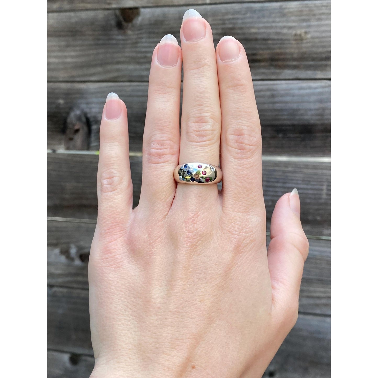 Vintage Solid 10k White Gold Diamond Ruby Sapphire Dotted Ring Band - Size 5.75-6