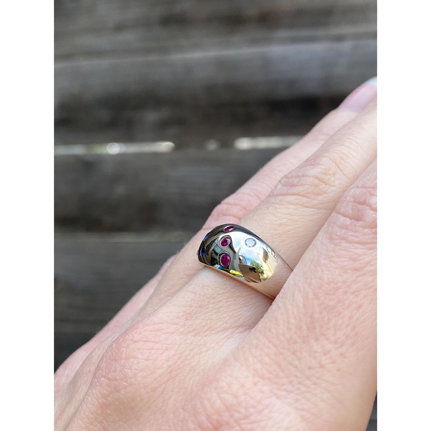 Vintage Solid 10k White Gold Diamond Ruby Sapphire Dotted Ring Band - Size 5.75-6