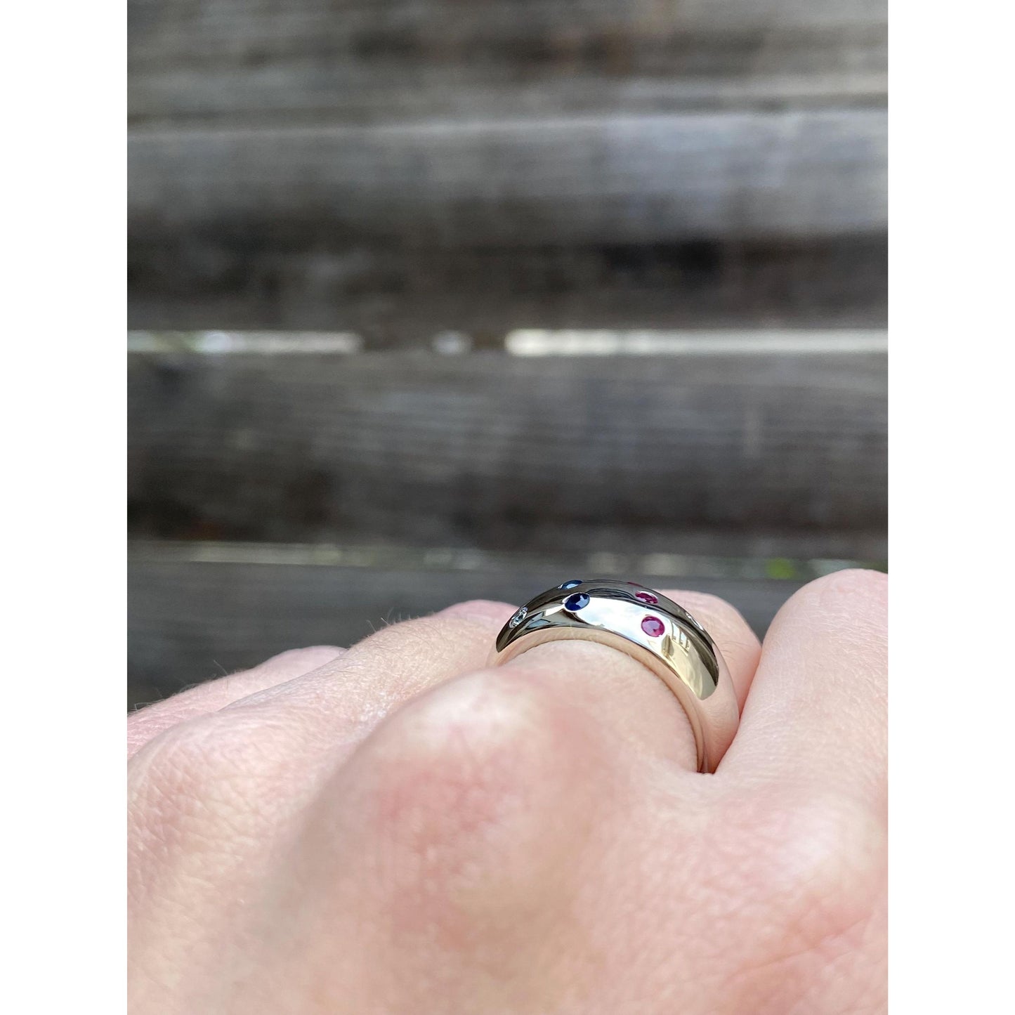 Vintage Solid 10k White Gold Diamond Ruby Sapphire Dotted Ring Band - Size 5.75-6