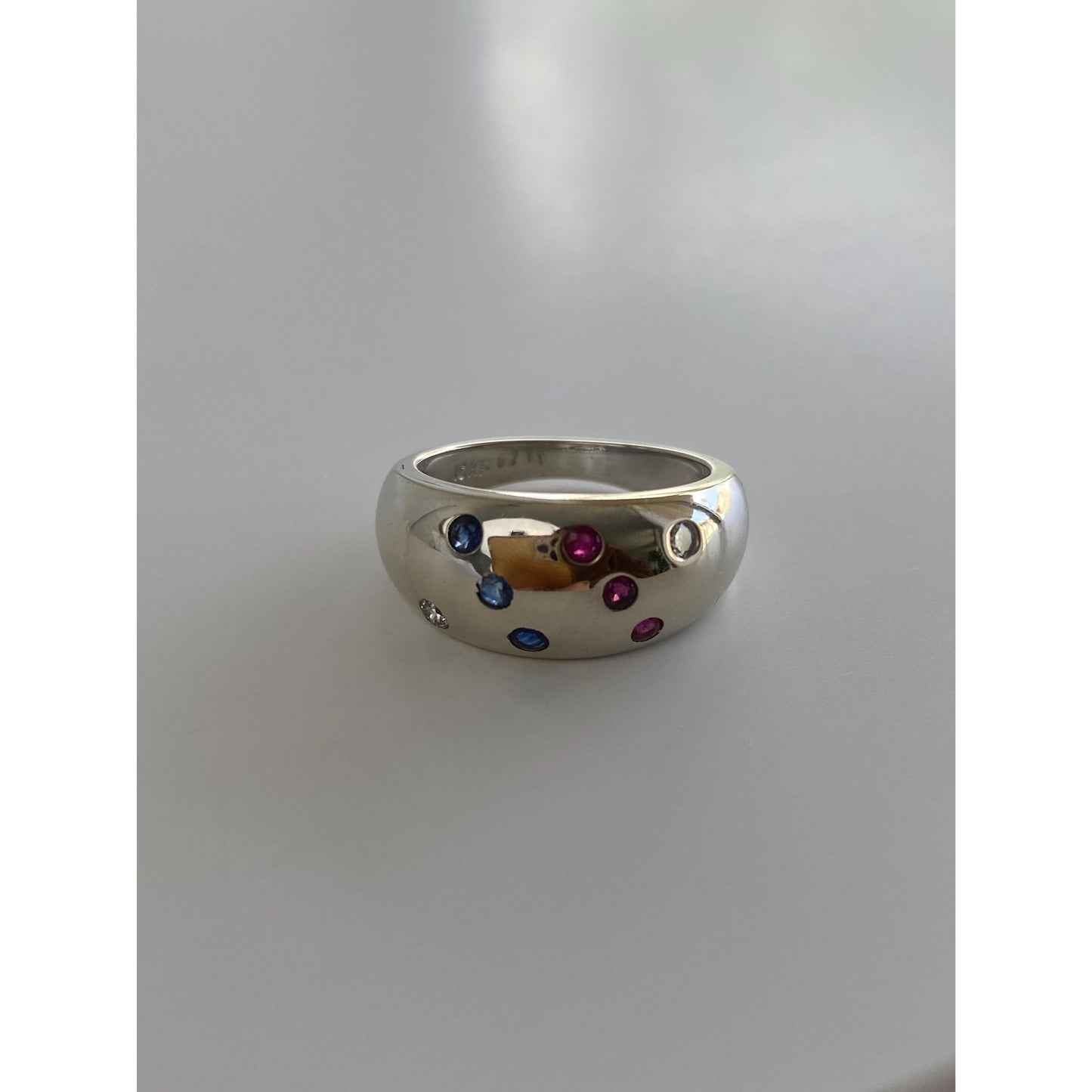 Vintage Solid 10k White Gold Diamond Ruby Sapphire Dotted Ring Band - Size 5.75-6