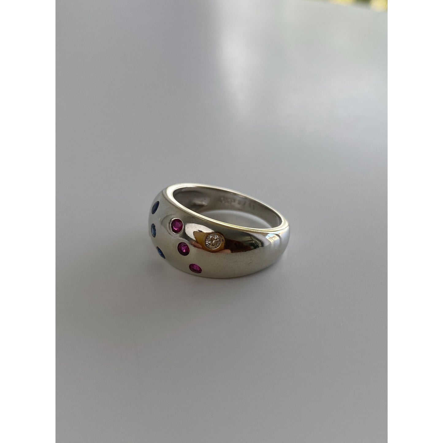 Vintage Solid 10k White Gold Diamond Ruby Sapphire Dotted Ring Band - Size 5.75-6