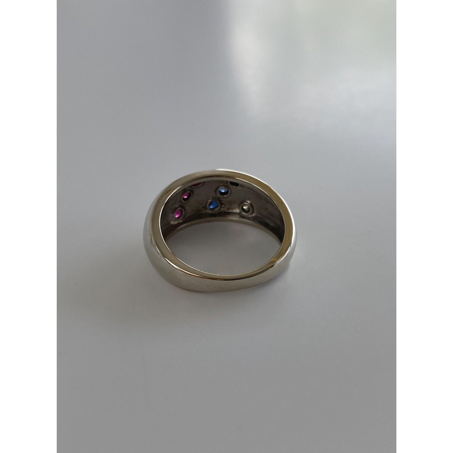 Vintage Solid 10k White Gold Diamond Ruby Sapphire Dotted Ring Band - Size 5.75-6