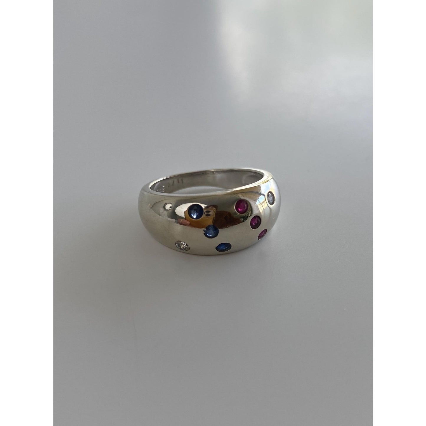 Vintage Solid 10k White Gold Diamond Ruby Sapphire Dotted Ring Band - Size 5.75-6