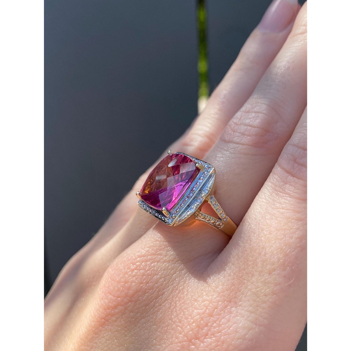 Solid 14k Yellow Gold Diamond Halo Pink Spinel Ring - Size 7