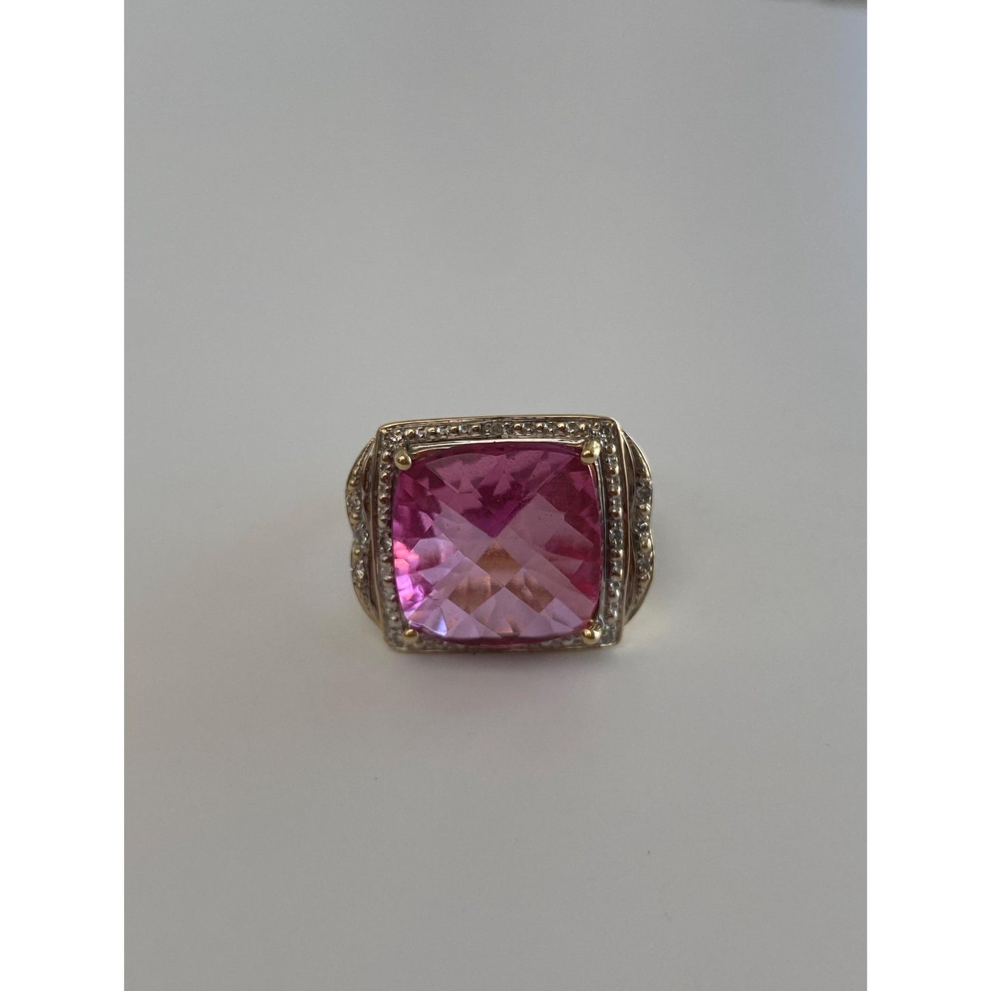 Solid 14k Yellow Gold Diamond Halo Pink Spinel Ring - Size 7