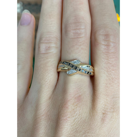 Vintage Solid 14k White & Yellow Gold Black Clear Diamond Twist Ring - Size 9.5
