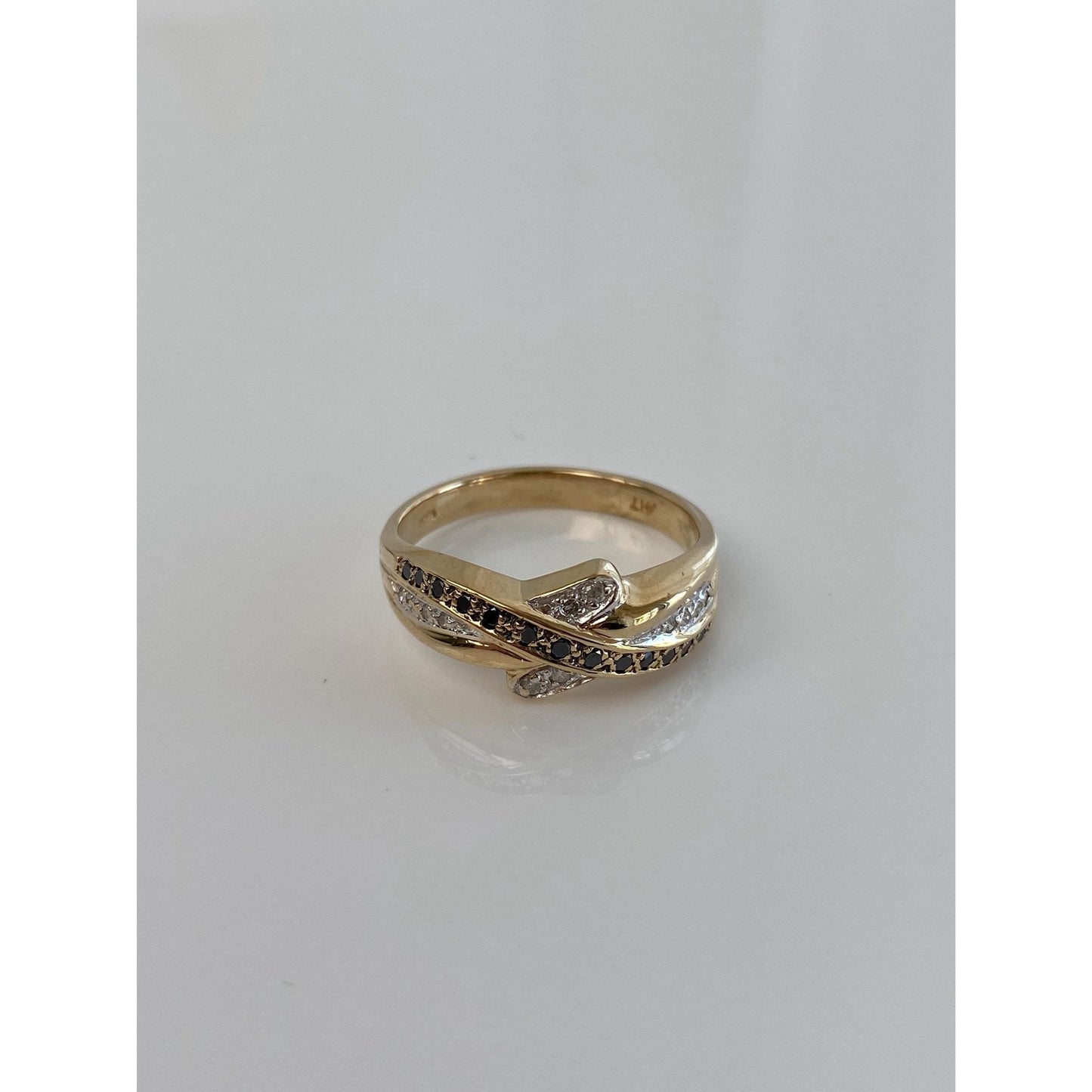 Vintage Solid 14k White & Yellow Gold Black Clear Diamond Twist Ring - Size 9.5