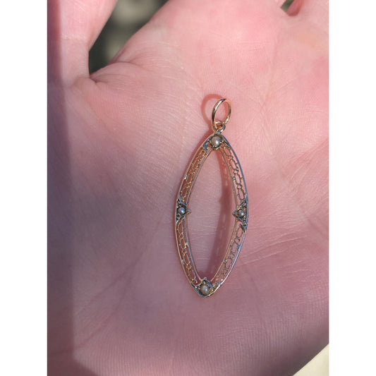 Vintage Solid 10k Yellow Gold Seed Pearl Oval Charm