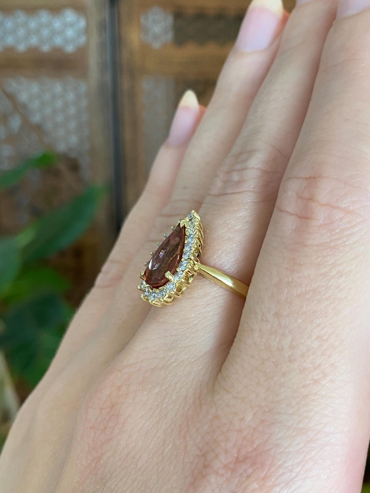 Vintage Solid 18k Yellow Gold Peach Topaz Diamond Halo Teardrop Ring - Size 7