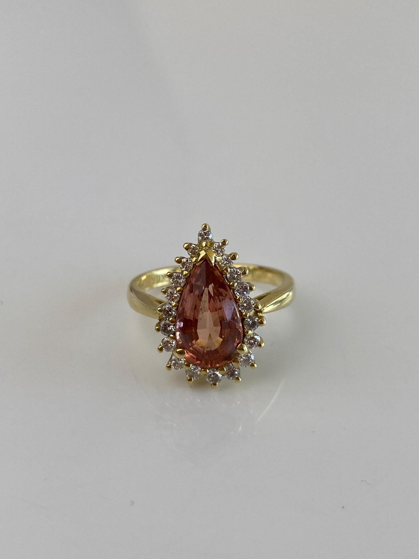 Vintage Solid 18k Yellow Gold Peach Topaz Diamond Halo Teardrop Ring - Size 7