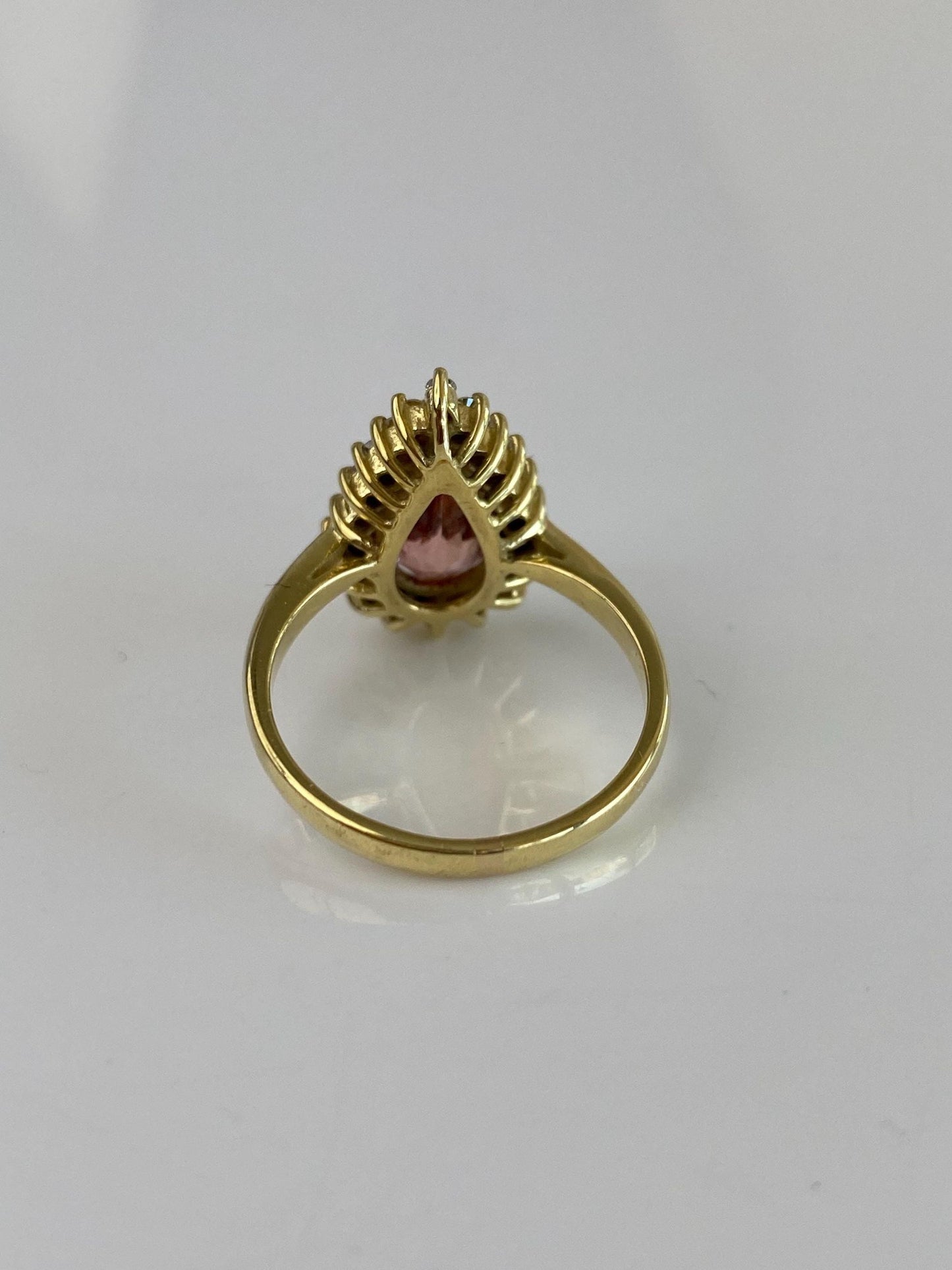 Vintage Solid 18k Yellow Gold Peach Topaz Diamond Halo Teardrop Ring - Size 7