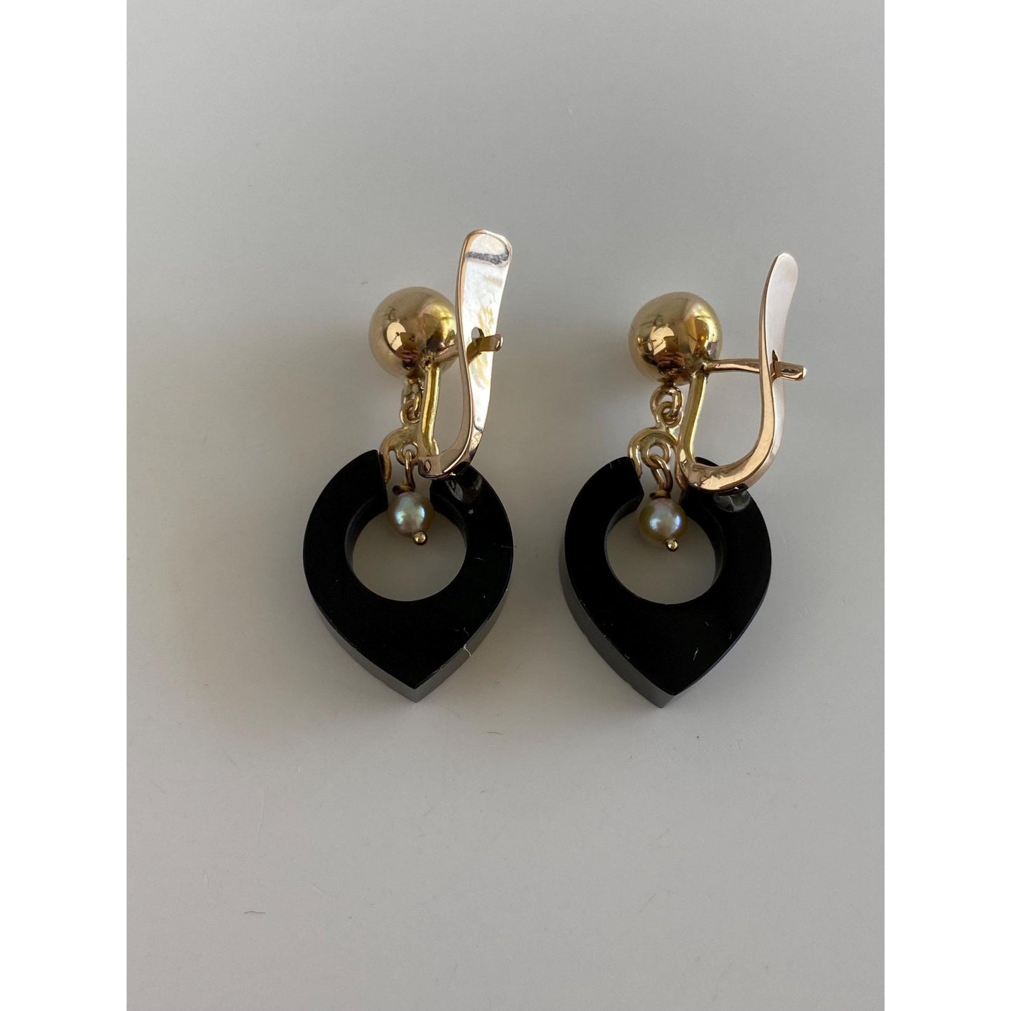 Vintage 10k Yellow Gold Black Resin Pearl Dangle Stud Earrings