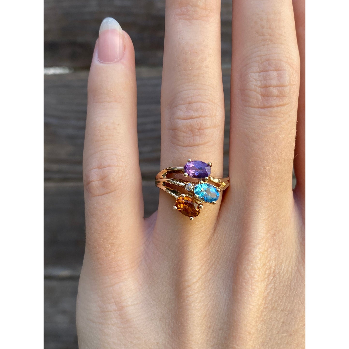 Vintage Solid 14k Yellow Gold Topaz Citrine Amethyst Diamond Ring - Size 4.75