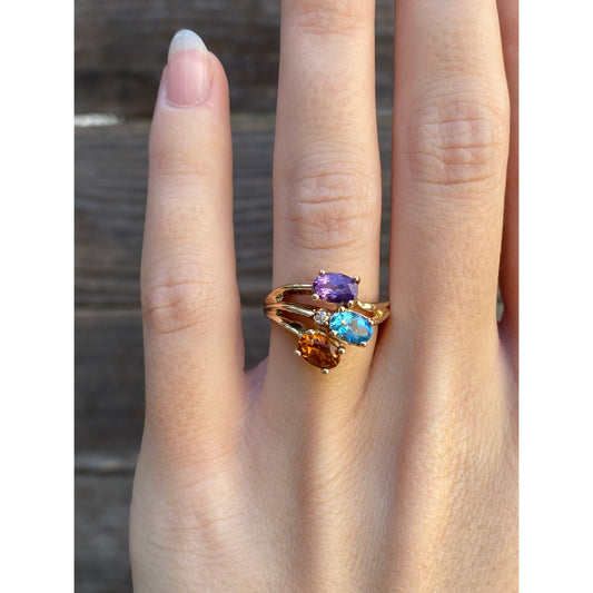Vintage Solid 14k Yellow Gold Topaz Citrine Amethyst Diamond Ring - Size 4.75