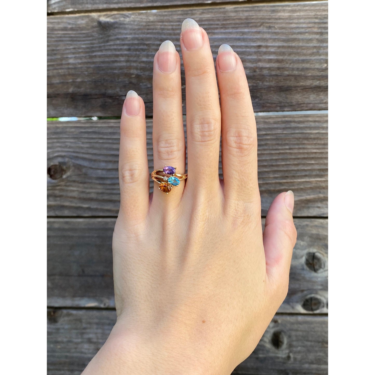 Vintage Solid 14k Yellow Gold Topaz Citrine Amethyst Diamond Ring - Size 4.75