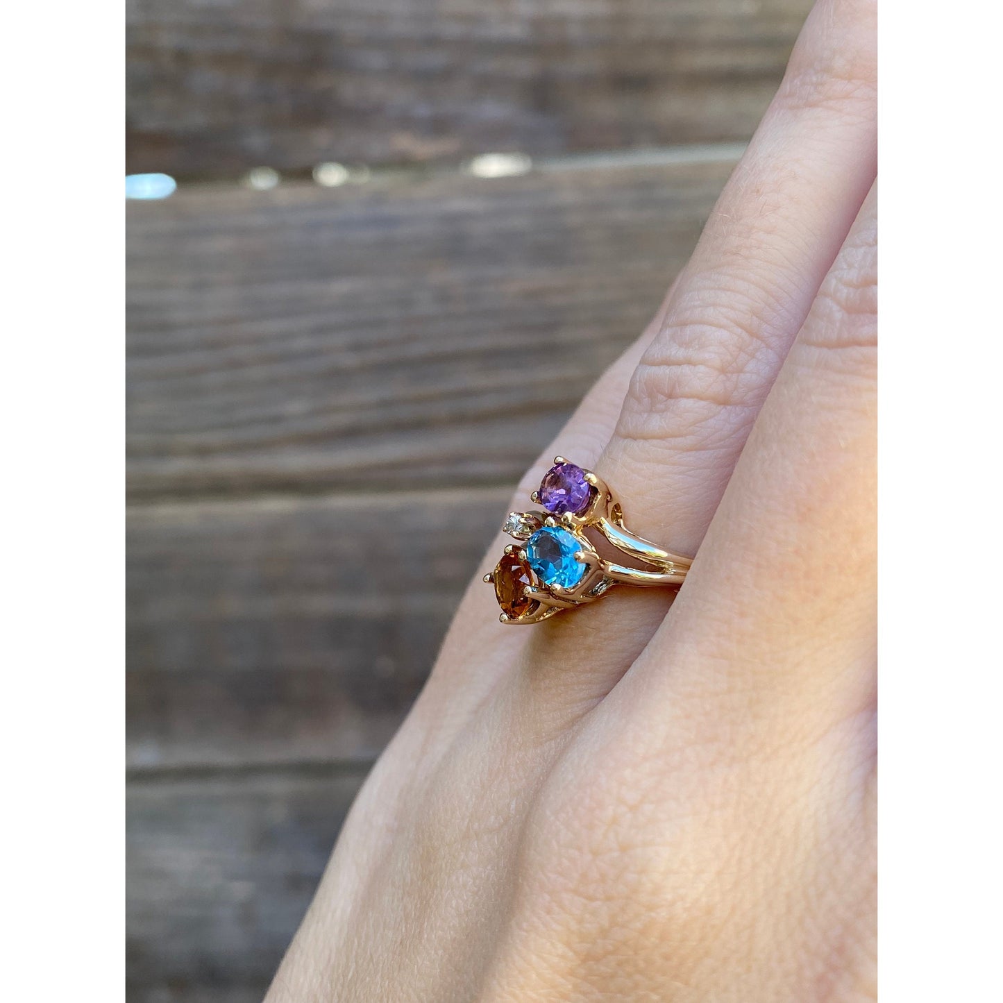 Vintage Solid 14k Yellow Gold Topaz Citrine Amethyst Diamond Ring - Size 4.75