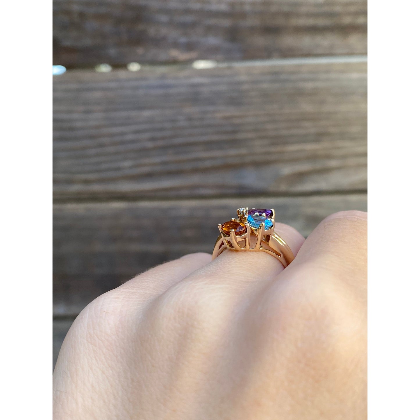 Vintage Solid 14k Yellow Gold Topaz Citrine Amethyst Diamond Ring - Size 4.75