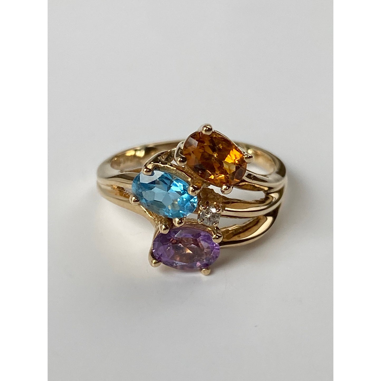 Vintage Solid 14k Yellow Gold Topaz Citrine Amethyst Diamond Ring - Size 4.75